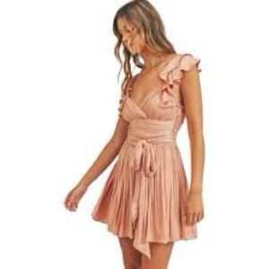 Mable Bronze Satin Ruffle Sleeve Mini Dress Wrap Belt XL